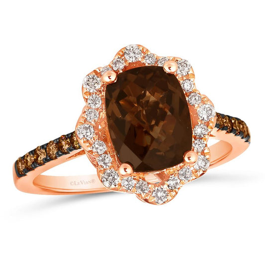 14K STRAWBERRY GOLD DIAMOND SMOKY QUARTZ RING