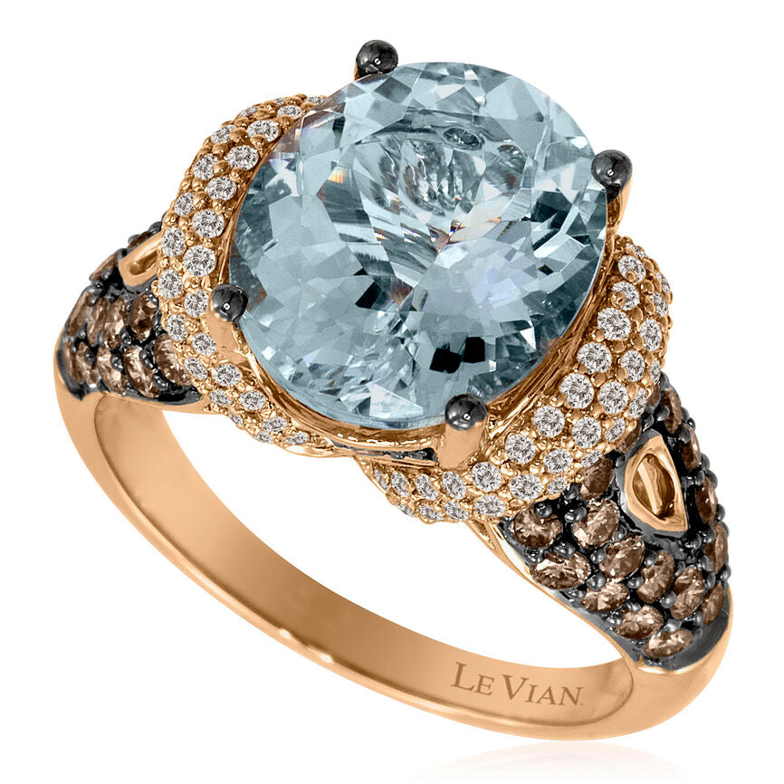 Le Vian Grand Sample Sale Ring featuring Sea Blue Aquamarine Chocolate Diamonds , Vanilla Diamonds set in 14K Strawberry Gold - BirthStone.com