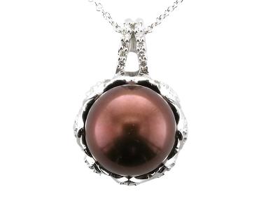 14K WHITE GOLD DIAMOND TAHITIAN  BROWN PEARL PENDA