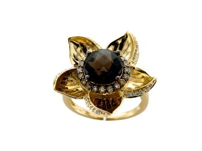 14K YELLOW GOLD DIAMOND SMOKY QUARTZ RING