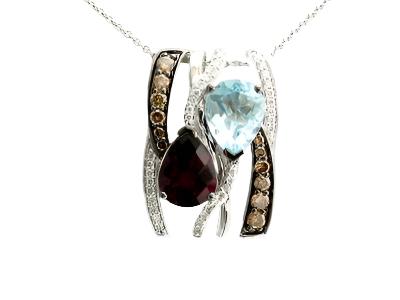 14K WHITE GOLD DIAMOND RHODOLITE, AQUAMARINE PENDA