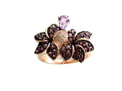 14K STRAWBERRY GOLD DIAMOND AMETHYST, RHODOLITE RI