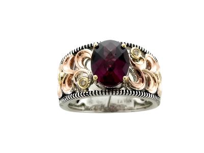 14K & SILVER  GOLD DIAMOND RHODOLITE RING