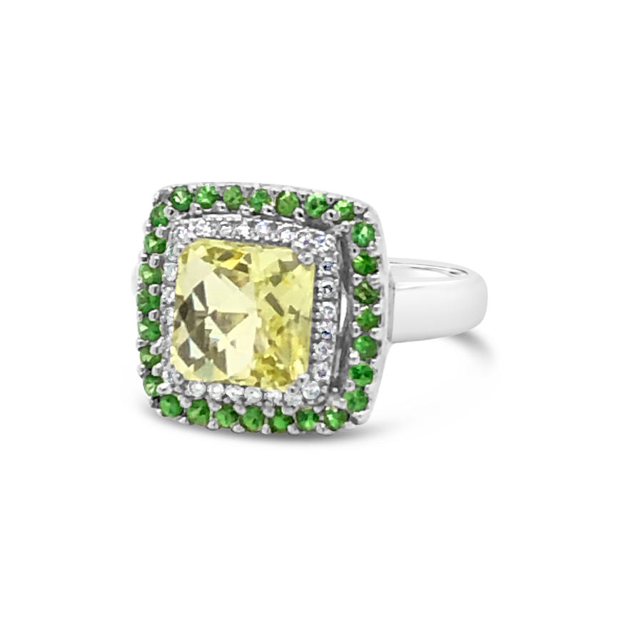 Le Vian Ring featuring Lemon Quartz, Forest Green Tsavorite White Diamonds set in 14K White Gold - BirthStone.com