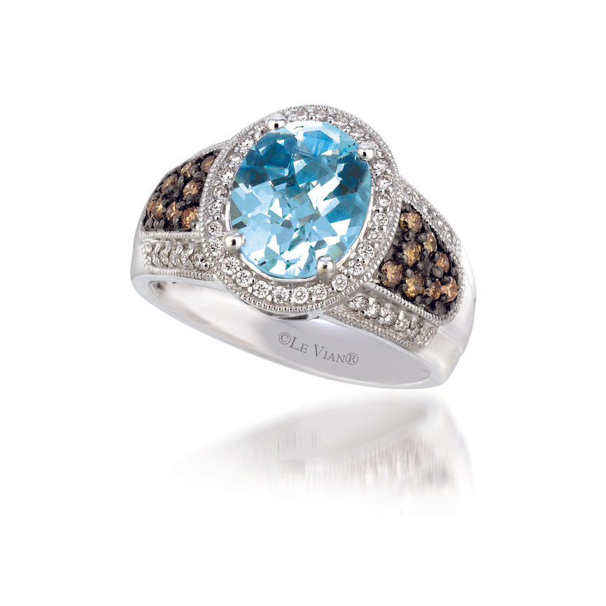 Le Vian Ring featuring Sea Blue Aquamarine Chocolate Diamonds, White Diamonds set in 14K White Gold - BirthStone.com