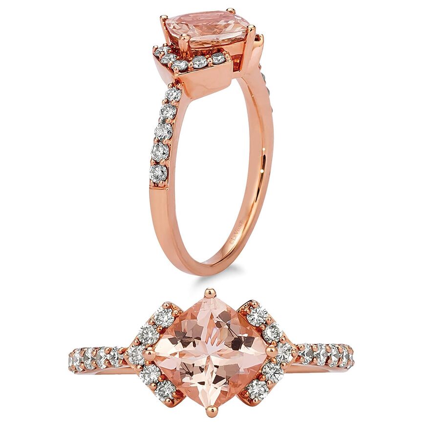 The Le Vian Ring features a cushion-cut Peach Morganite centerpiece with Nude Diamonds set in 14K Rose Gold, shown from side and top views.