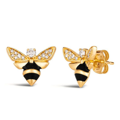 14K YELLOW GOLD DIAMOND ENAMEL EARRINGS