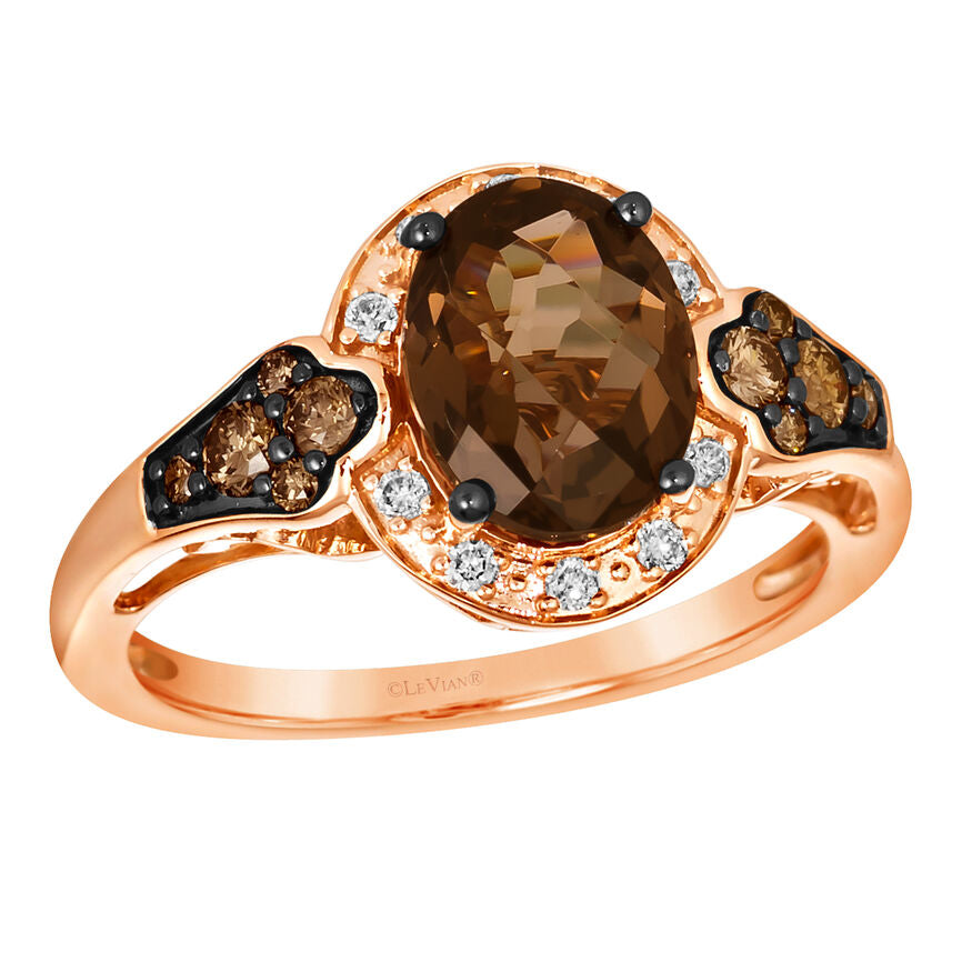 14K STRAWBERRY GOLD DIAMOND SMOKY QUARTZ RING