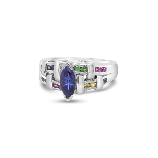 Le Vian Grand Sample Sale Ring featuring Blueberry Tanzanite, Bubble Gum Pink Sapphire, Cornflower Sapphire, Forest Green Tsavorite, Yellow Sapphire set in 14K White Gold - BirthStone.com