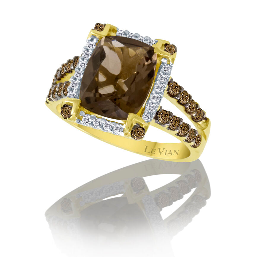 14K YELLOW GOLD DIAMOND SMOKY QUARTZ RING