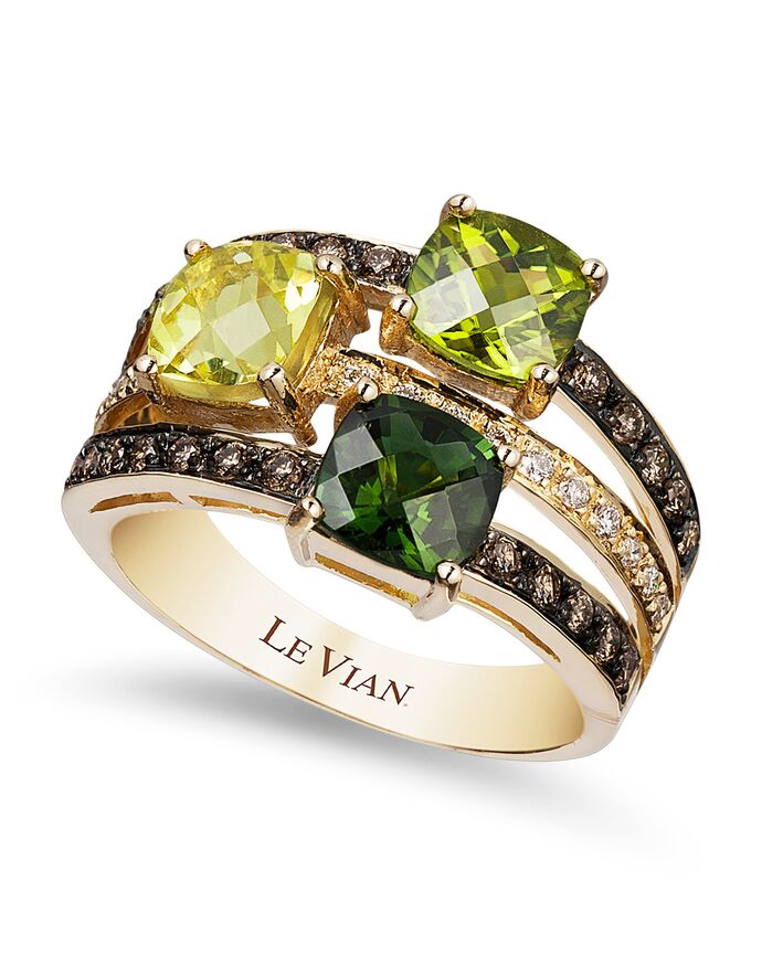 Le Vian Grand Sample Sale Ring featuring Lemon Quartz, Green Apple Peridot, Hunters Green Tourmaline Chocolate Diamonds, White Diamonds set in 14K Yellow Gold