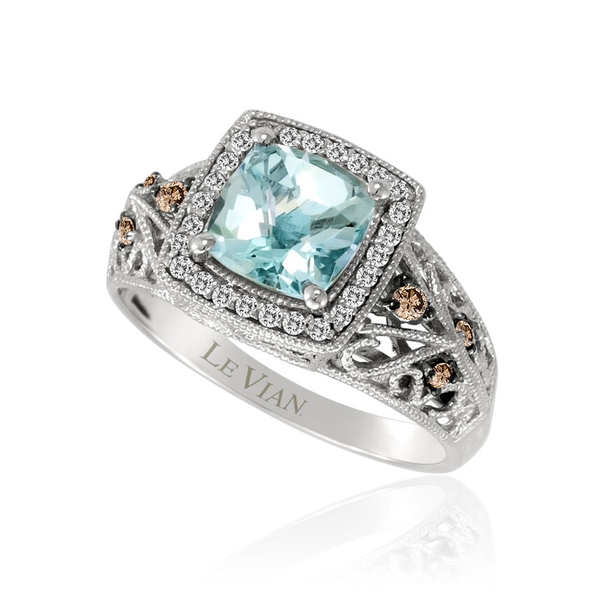 Le Vian Ring featuring Sea Blue Aquamarine Chocolate Diamonds, White Diamonds set in 14K White Gold - BirthStone.com