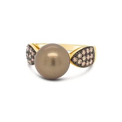 14K YELLOW GOLD DIAMOND TAHITIAN  BROWN PEARL RING