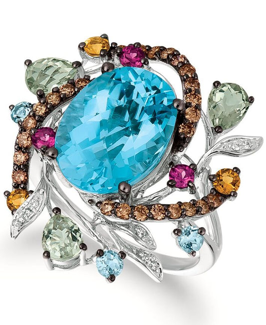 Le Vian Ring featuring Blue Topaz, Mint Julep Quartz, Raspberry Rhodolite, Cinnamon Citrine White Diamonds, Chocolate Diamonds set in 14K White Gold - BirthStone.com