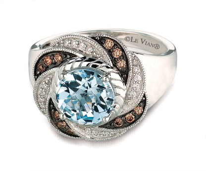 Le Vian Ring featuring Sea Blue Aquamarine Chocolate Diamonds, White Diamonds set in 14K White Gold - BirthStone.com