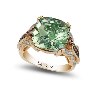 14K YELLOW GOLD DIAMOND GREEN QUARTZ RING