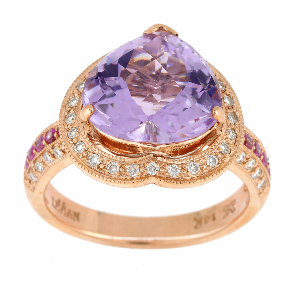 The Le Vian Grand Sample Sale Ring showcases a cotton candy amethyst center, bubble gum pink sapphires, and white diamonds set in 14K rose gold.