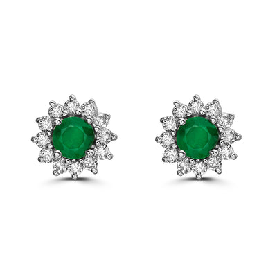 Birthstone Earrings 2 cts Natural Green Emerald Nude Diamonds, in 14K White Gold