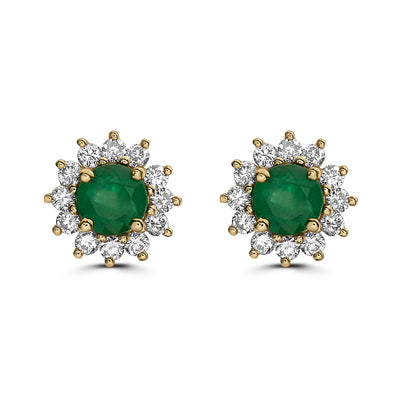 Birthstone Earrings 2 1/2 cts Natural Green Emerald Nude Diamond 14K Yellow Gold