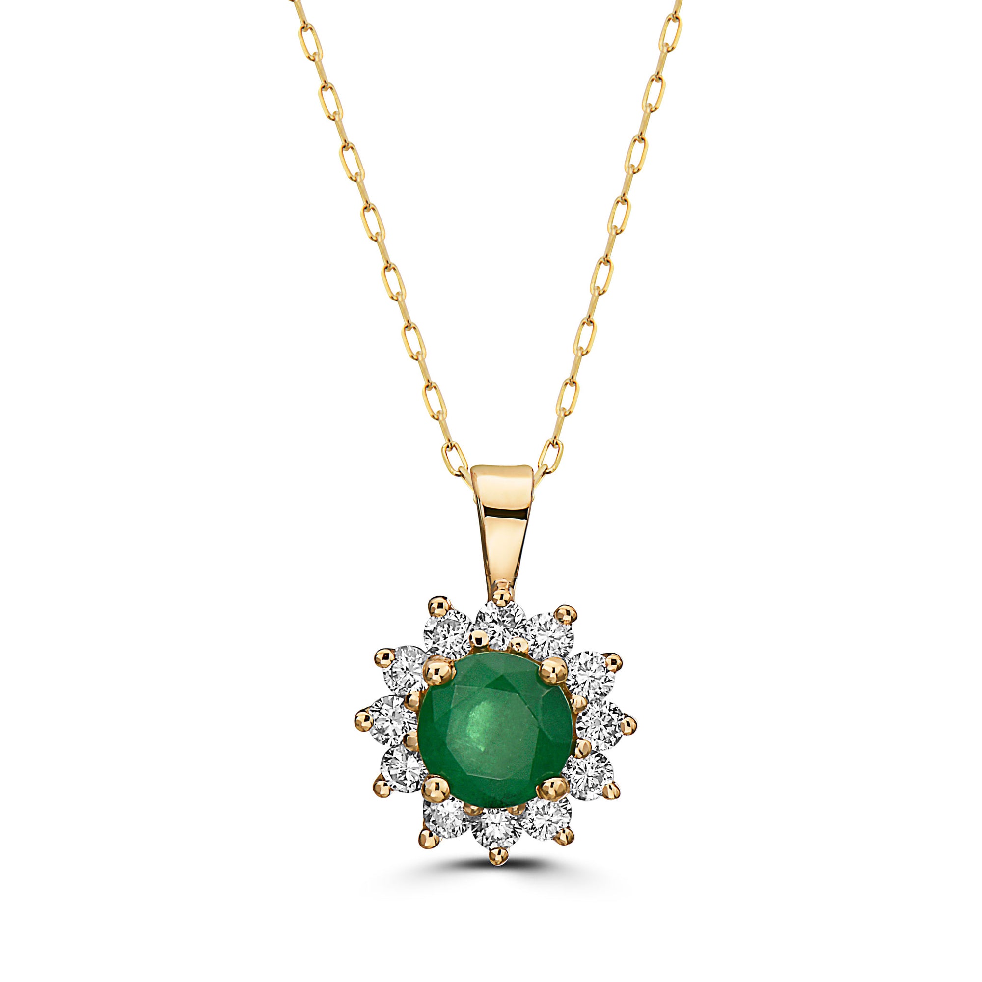 Birthstone Pendant 1 3/8 cts Natural Green Emerald Nude Diamonds 14K Yellow Gold