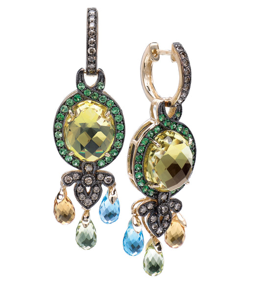 The Grand Sample Sale Earrings by BirthStone.com feature Lemon Quartz, Blue Topaz, Cinnamon Citrine, and Forest Green Tsavorite teardrop gems. Adorned with Chocolate Diamonds and set in 14K Honey Gold, these earrings showcase intricate details that enhance their beauty.