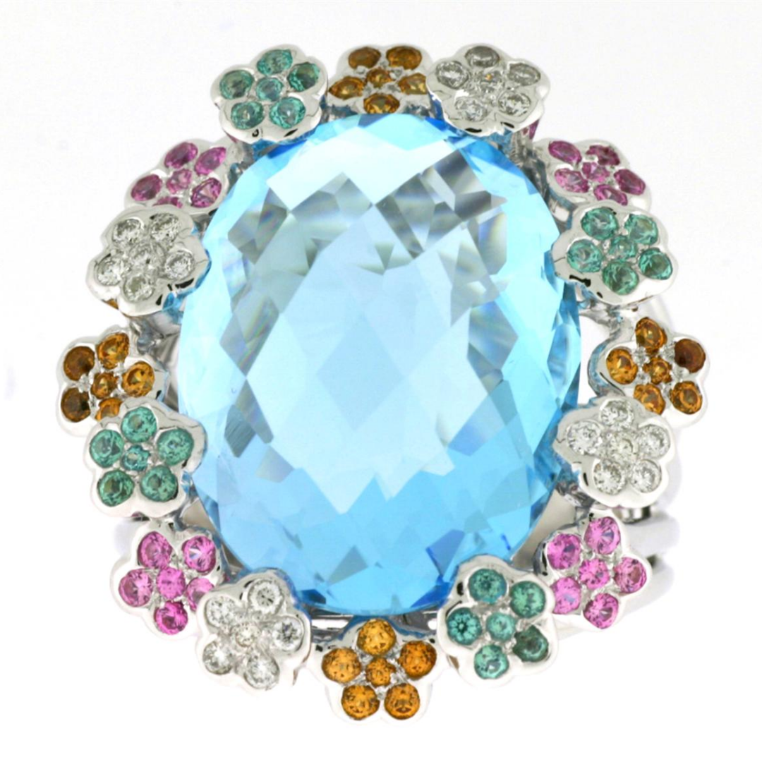 Le VIan Grand Sample Sale Pendant featuring Blue Topaz, Spessartite, Passion Fruit Tourmaline Vanilla Diamonds  set in 14K White Gold
